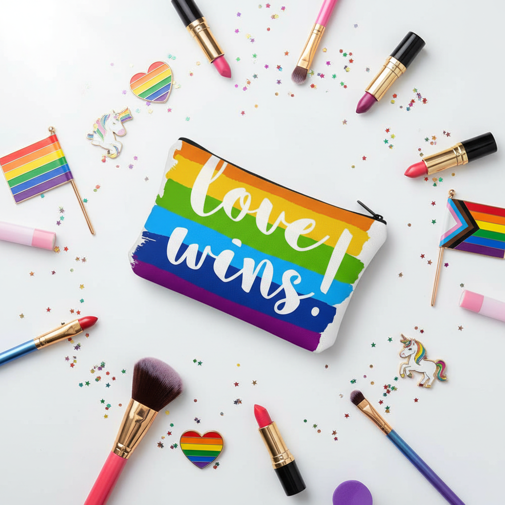 Rainbow Love Wins cosmetic pouch surrounded by makeup brushes, lipstick, and Pride accessories