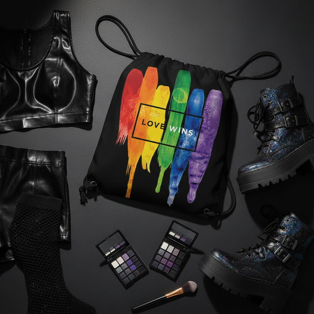 Black Love Wins drawstring bag with rainbow brushstroke design, styled with boots and black accessories