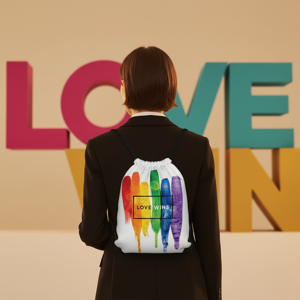 Love Wins drawstring bag with rainbow paint strokes and "LOVE WINS" text, worn over a black suit