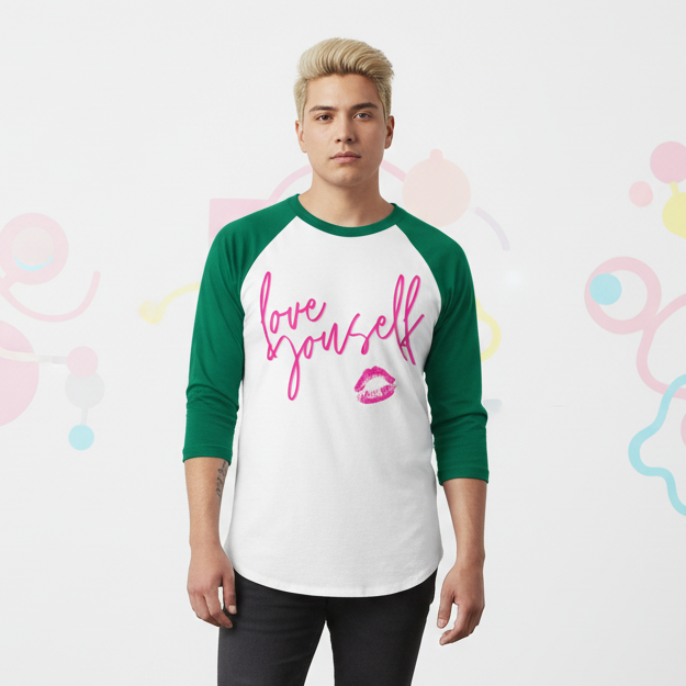 Love Yourself! 3/4 sleeve raglan shirt, white with green sleeves, “love yourself” text and pink lipstick kiss