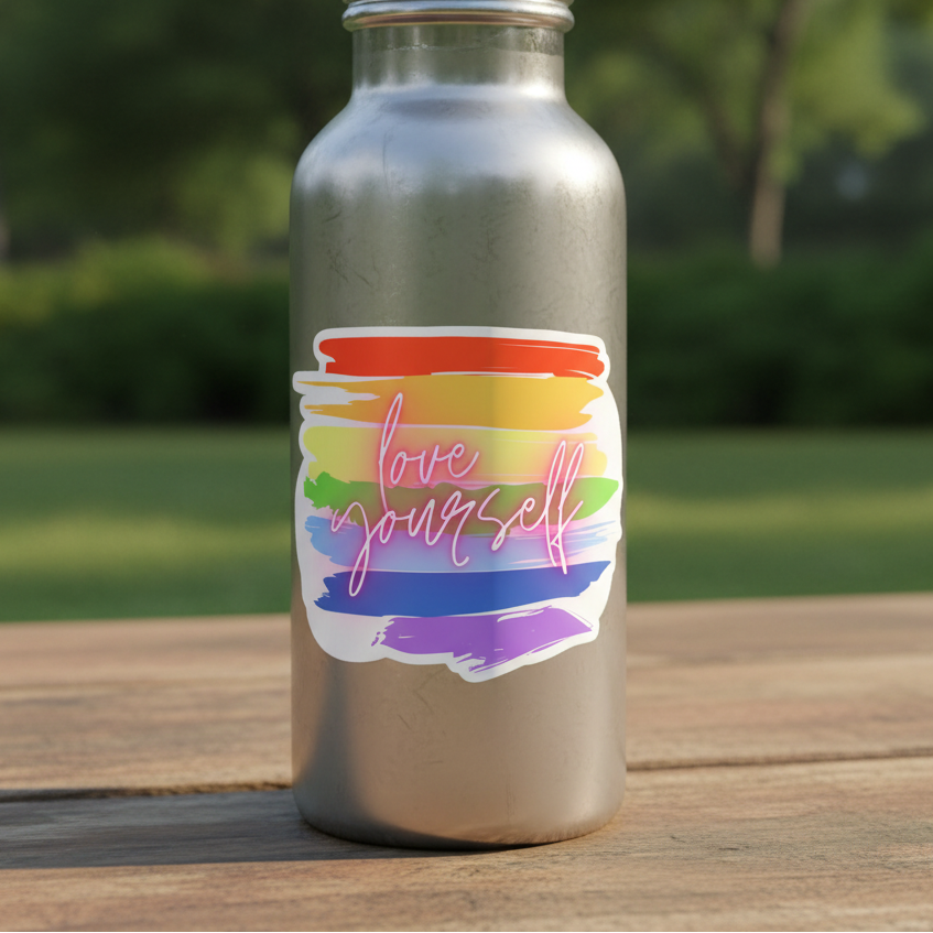 Silver water bottle on wood with a rainbow brushstroke "love yourself" sticker in pink script; leafy