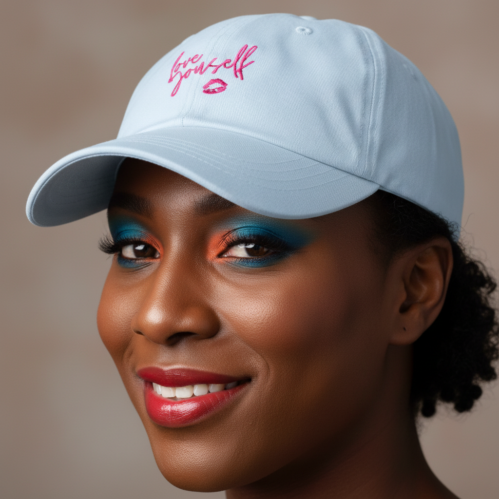 Light blue embroidered dad hat with "be yourself" and pink lips graphic