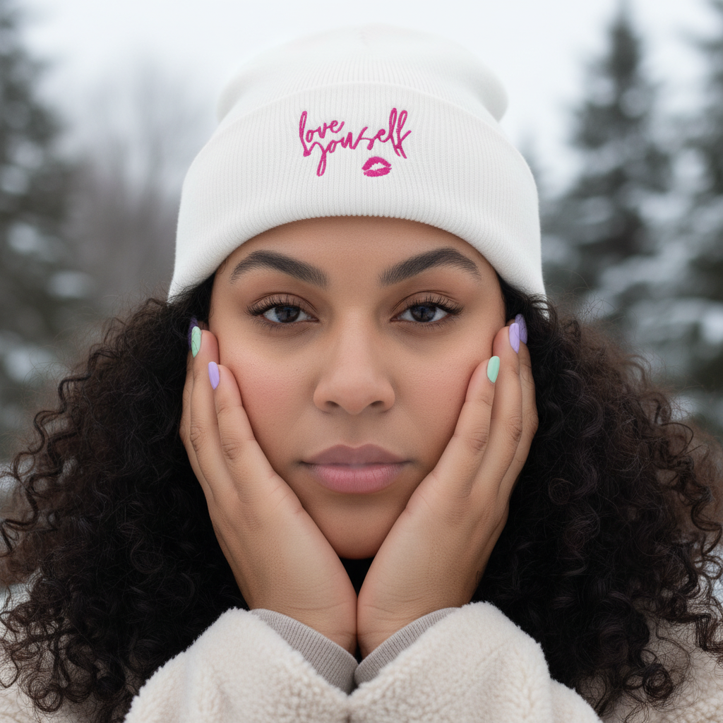 Love Yourself! Cuffed Beanie in white with pink script, worn by a femme with curly hair and pastel nails