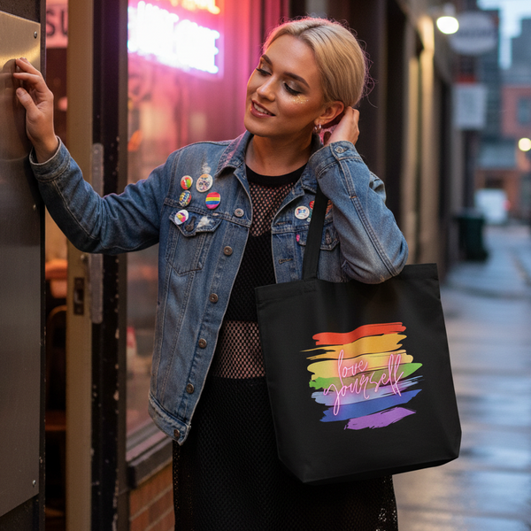 Person in a denim jacket carries a black tote with rainbow brush strokes and “love yourself” text