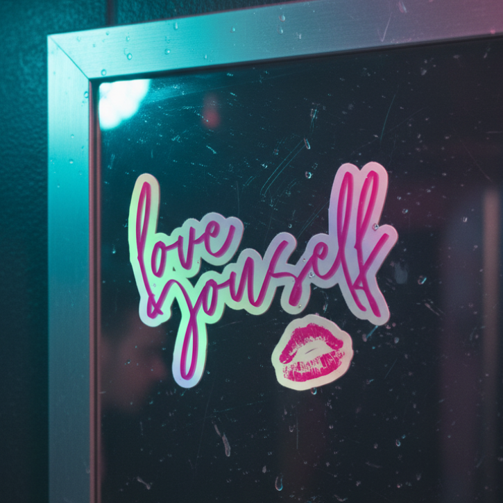 Holographic sticker with “Love Yourself!” in rainbow cursive and a pink lipstick kiss
