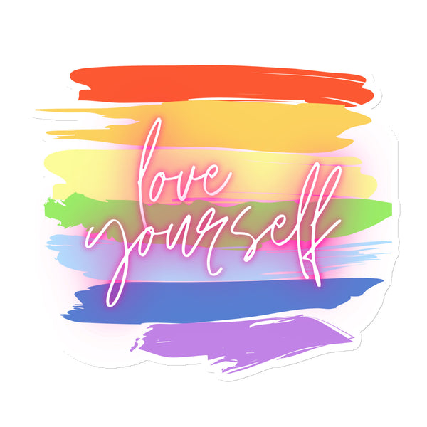 Love Yourself! Magnet with rainbow brush strokes and glowing white cursive reading “love yourself”—a queer