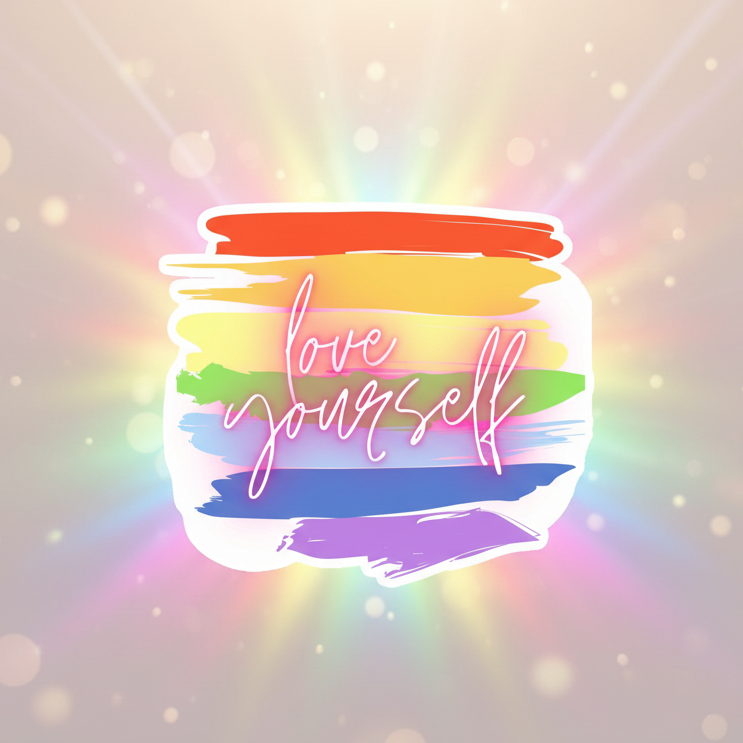 Rainbow brushstroke magnet reading “love yourself” against a glowing pastel background