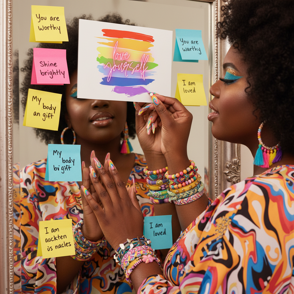 “Love Yourself!” postcard in bold rainbow text, held by a femme with bright makeup, queer stickers