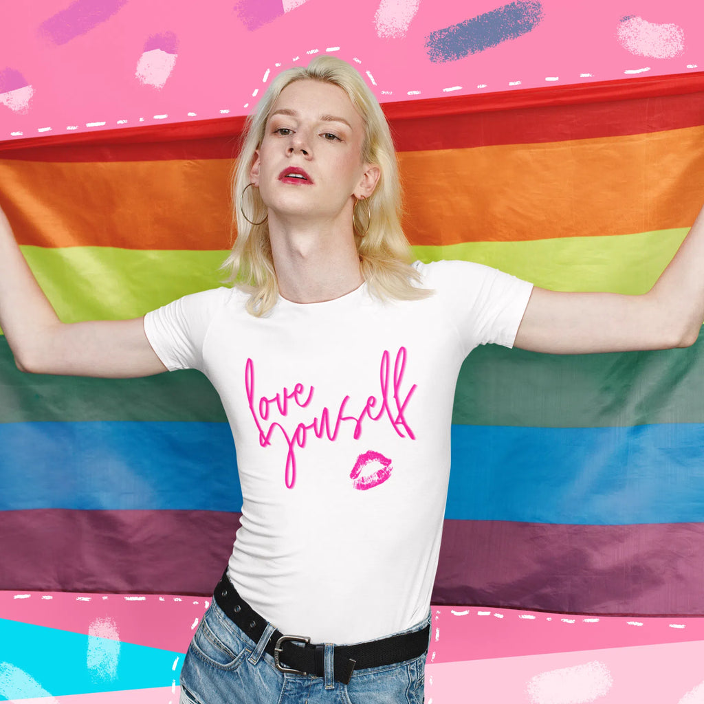 Model wearing a white T-shirt reading “Love yourself” with a pink lips graphic