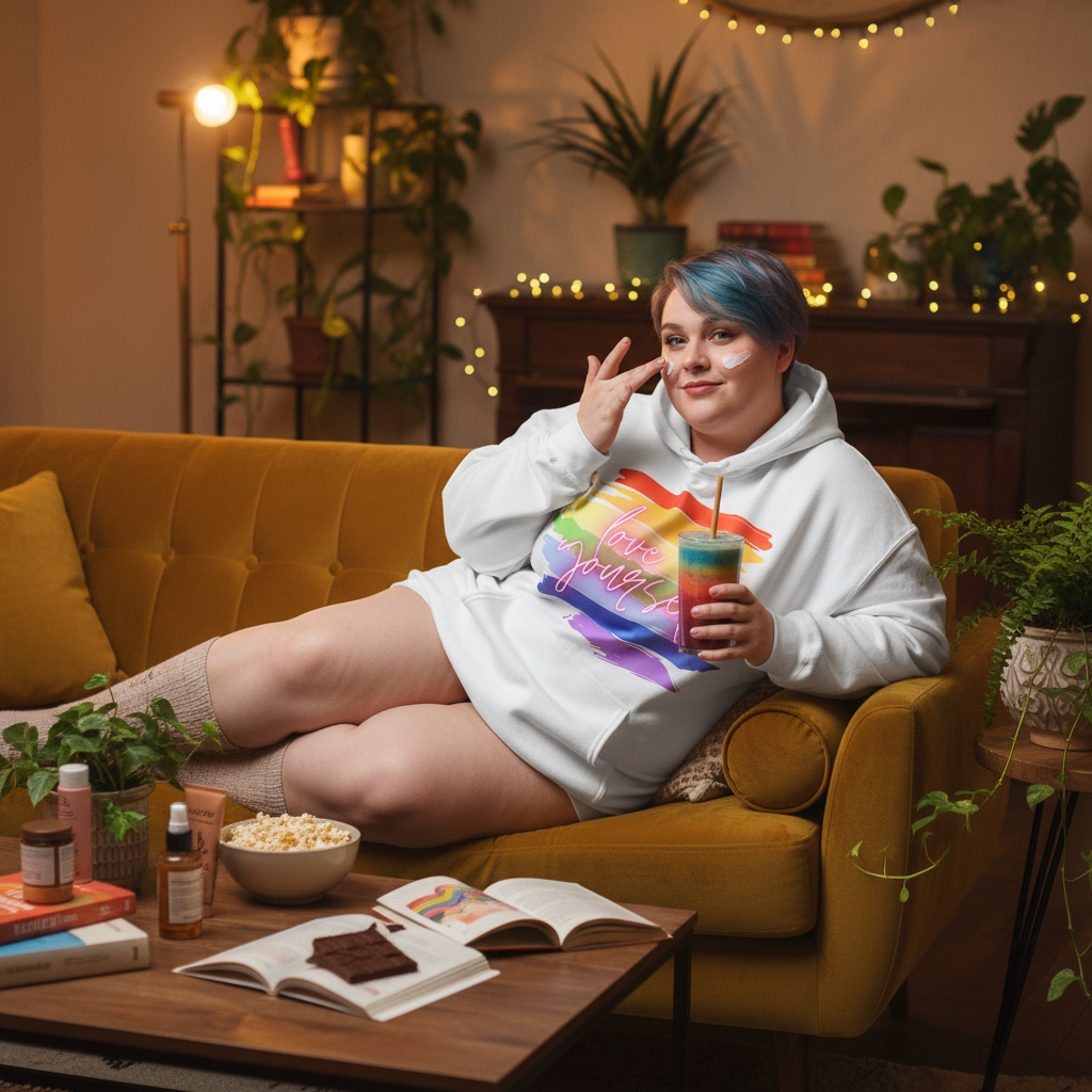 Person lounging on a mustard sofa in a white rainbow-print hoodie, holding a drink