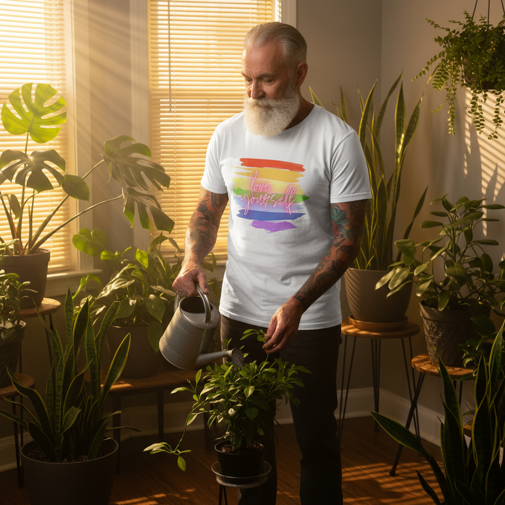 Love Yourself! unisex t-shirt, bold rainbow and “Love Yourself!” slogan