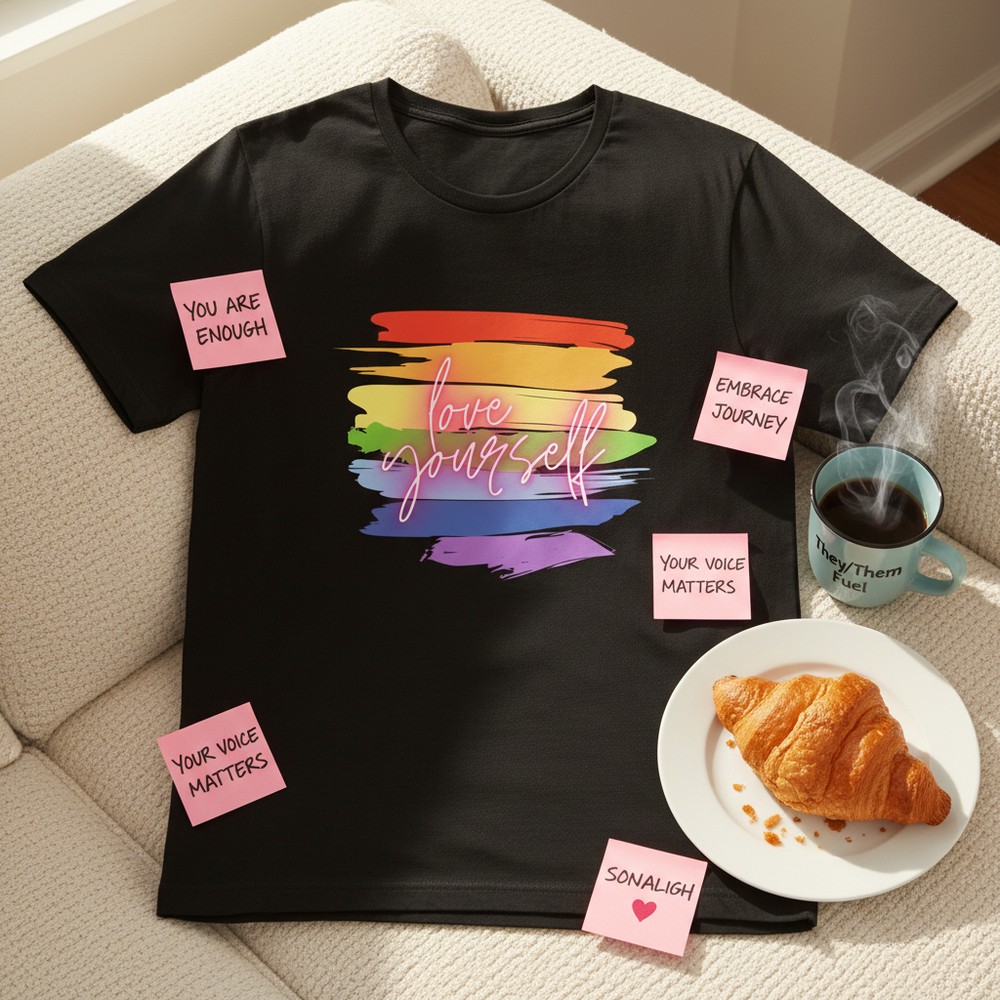 Black T-shirt laid on a sofa with rainbow brush strokes and “love yourself” script