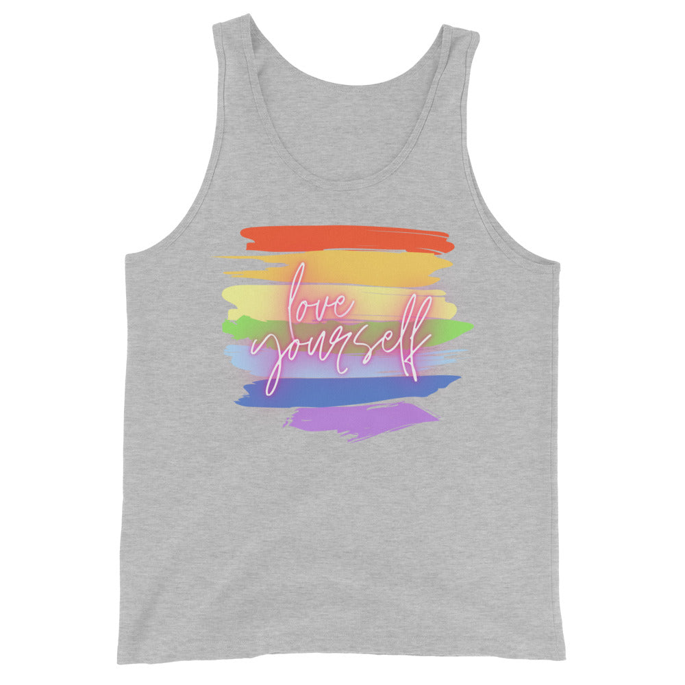 Front view of a gray tank top with colorful brushstrokes and “love yourself” text