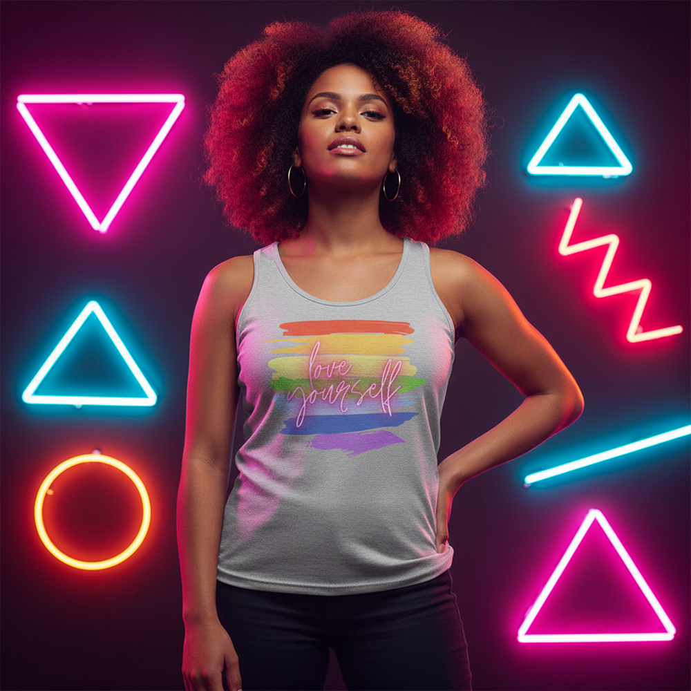 Unisex tank top with “love yourself” over a rainbow, worn by a confident woman among neon shapes on a dark backdrop.