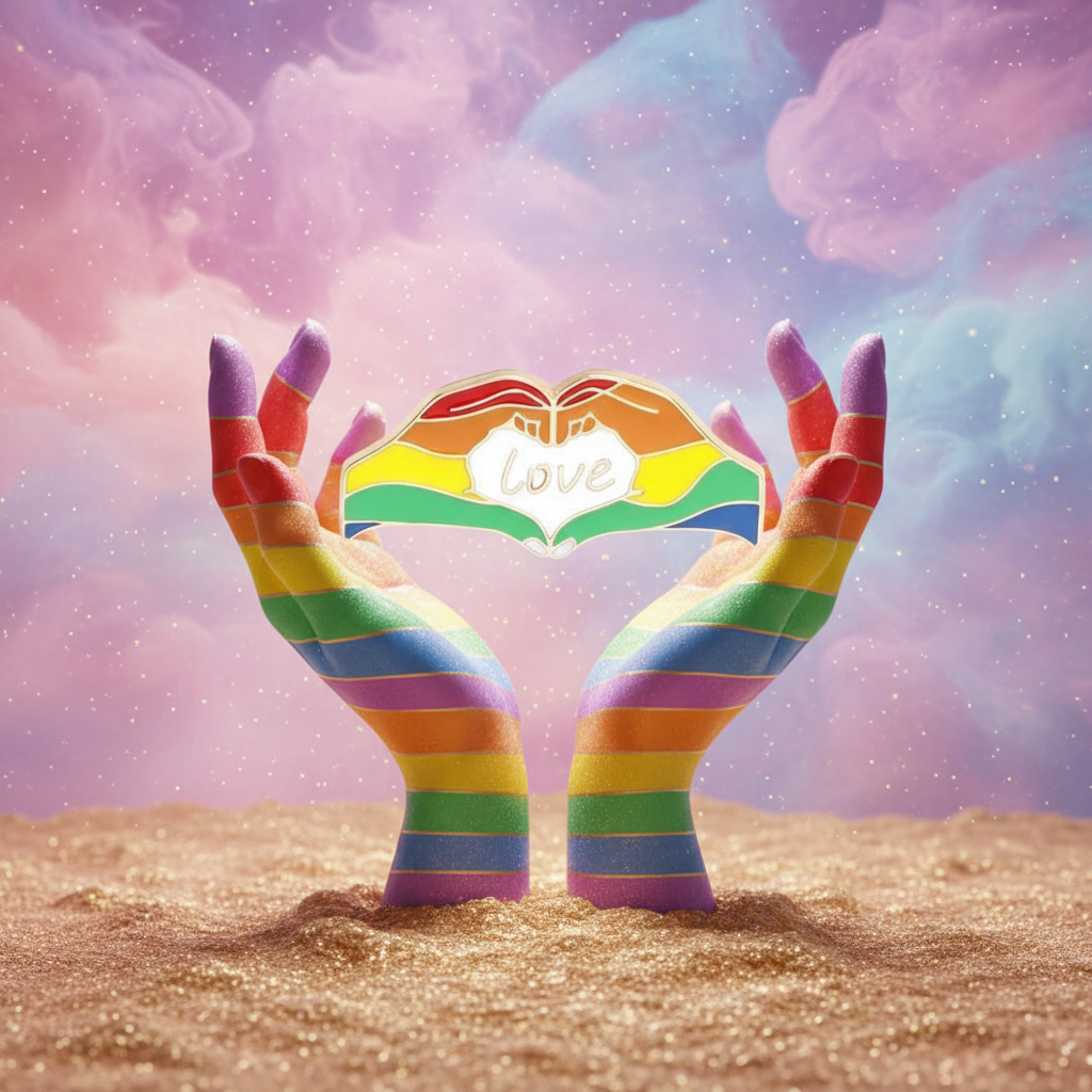 Close-up of a rainbow hands enamel pin forming a heart around the word “Love”