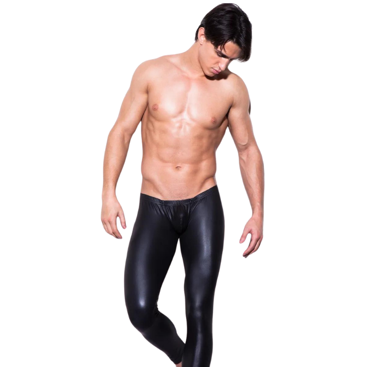 Shirtless person showcasing Low Waist Leather Leggings, form-fitting and shiny