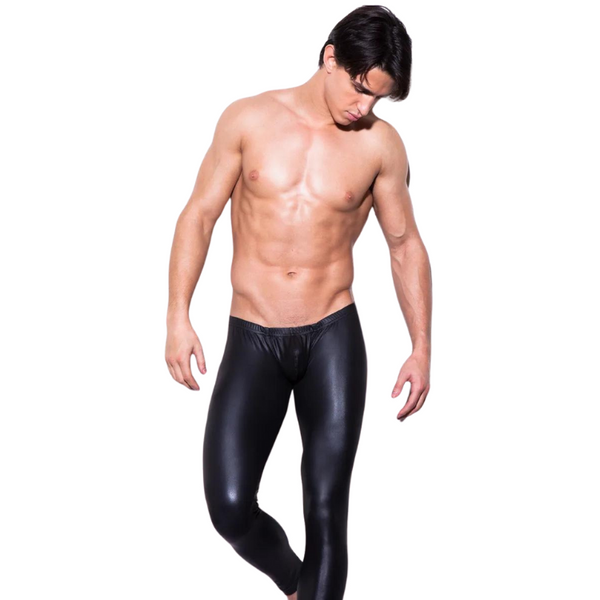 Shirtless person showcasing Low Waist Leather Leggings, form-fitting and shiny