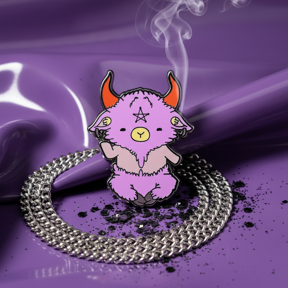 Pink goat enamel pin with orange horns and pentagram, displayed on a silver chain over purple