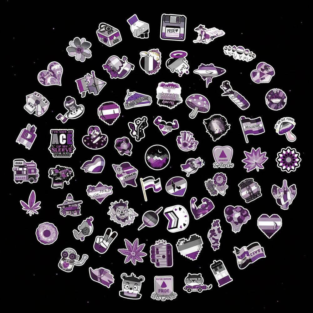 Collage of assorted purple, white, gray, and black asexual pride stickers on a starry black background
