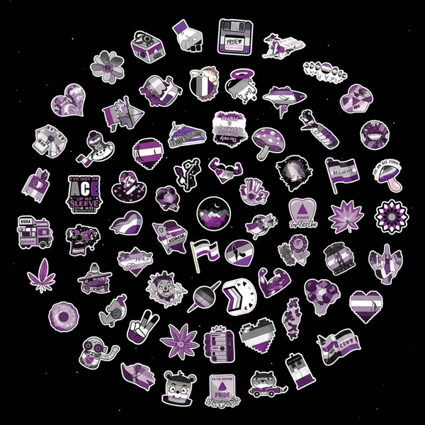 Collage of assorted purple, white, gray, and black asexual pride stickers on a starry black background