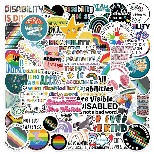 Collage of colorful disability pride stickers with accessibility messages and rainbow designs