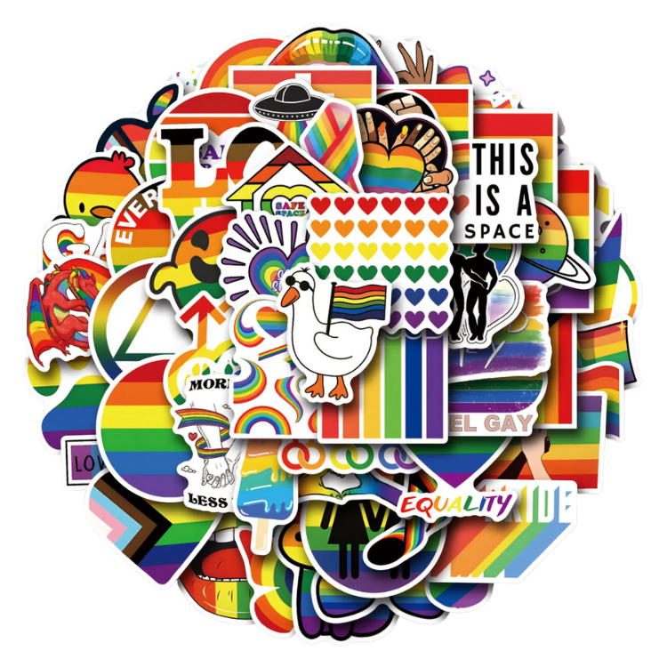 Pile of colorful LGBTQ+ pride stickers; sticker with “Lucky Dip Collection Of 100 Random LGBT Pride Stickers!” design