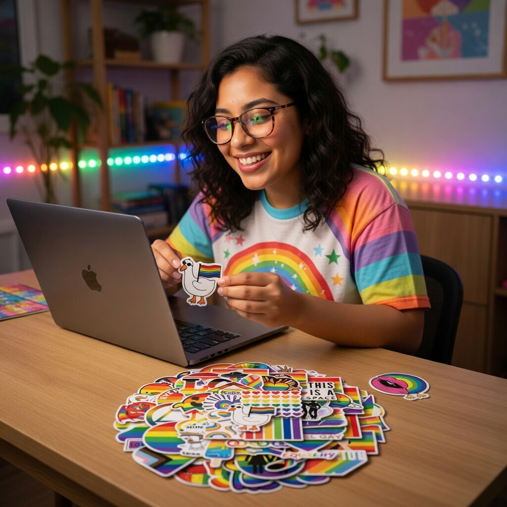 Smiling person holds a rainbow chicken sticker beside a laptop and Pride sticker pile