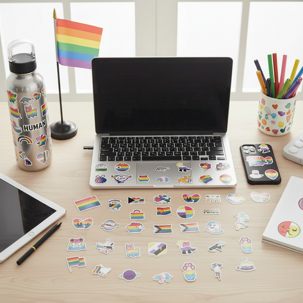 Flat lay of colorful LGBT pride sticker collection, rainbow flag stickers; LGBTQ+ Pride sticker