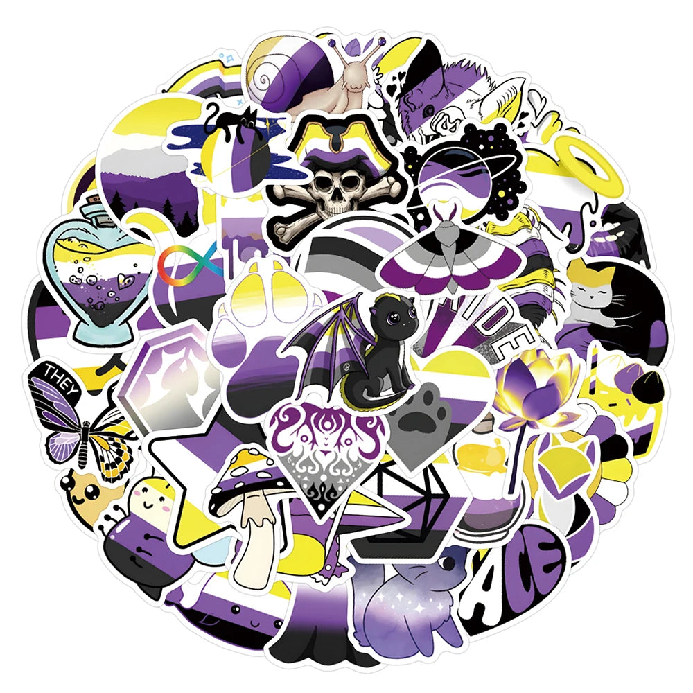 Pile of colorful non-binary pride stickers with animals, plants, skulls, and abstract designs