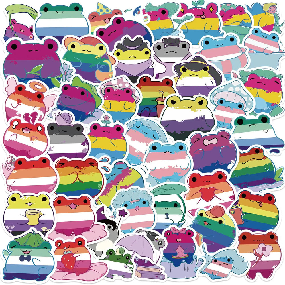 Collage of colorful frog stickers, many striped in rainbow Pride colors, with a few holding props