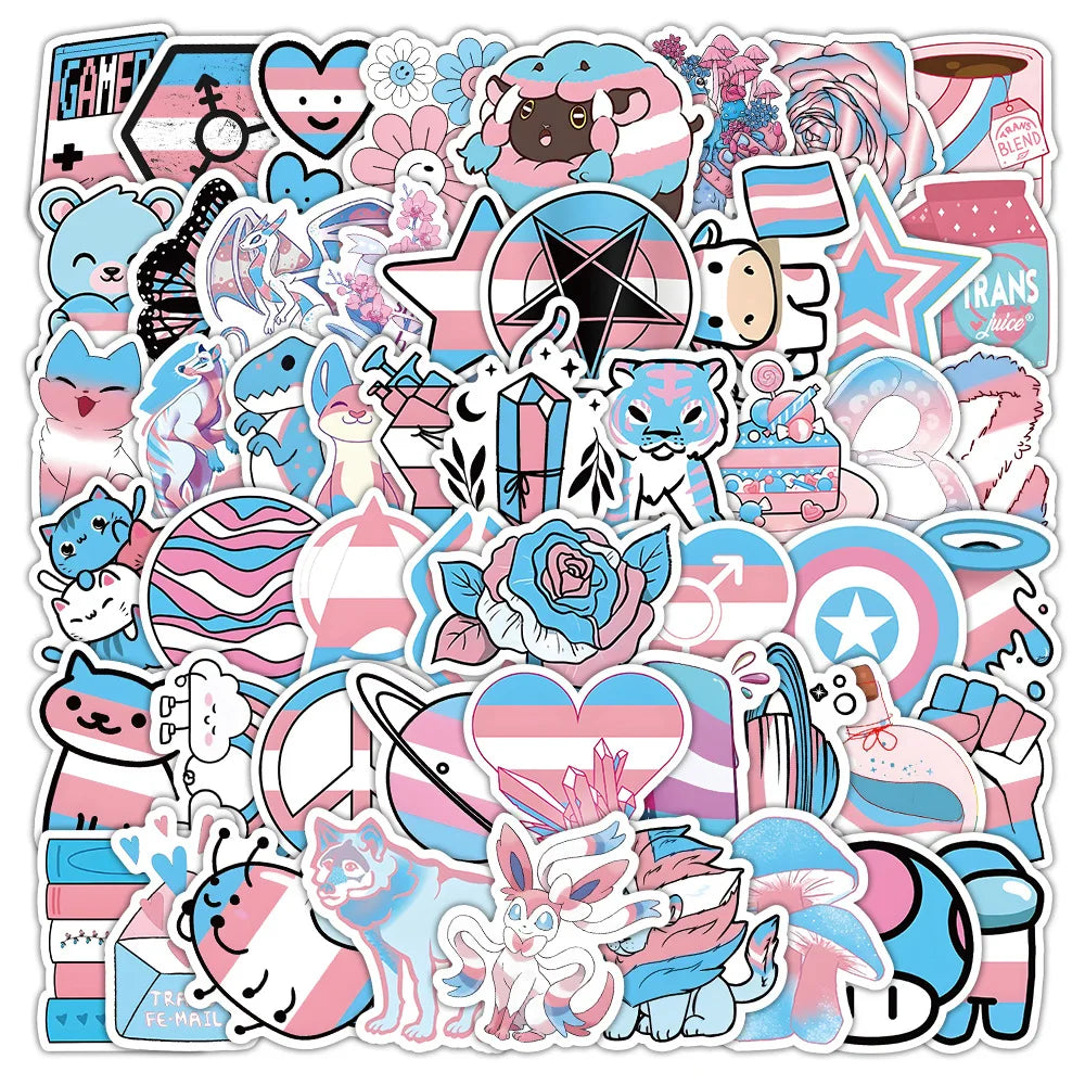Collage of colorful transgender pride stickers with flags, animals, hearts, and fantasy designs