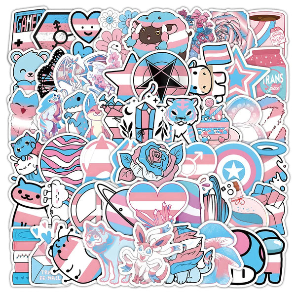 Collage of colorful transgender pride stickers with flags, animals, hearts, and fantasy designs