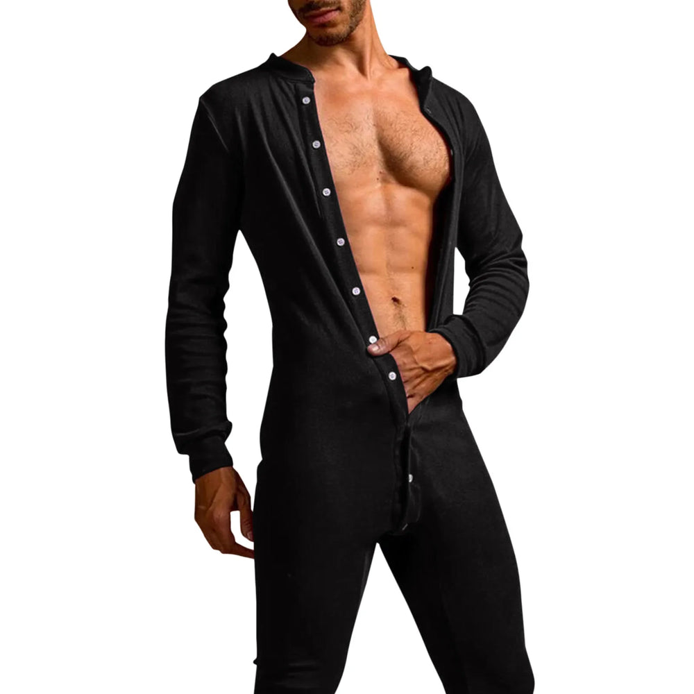 Grey lumberjack-style pajama jumpsuit with button front and cosy one-piece fit