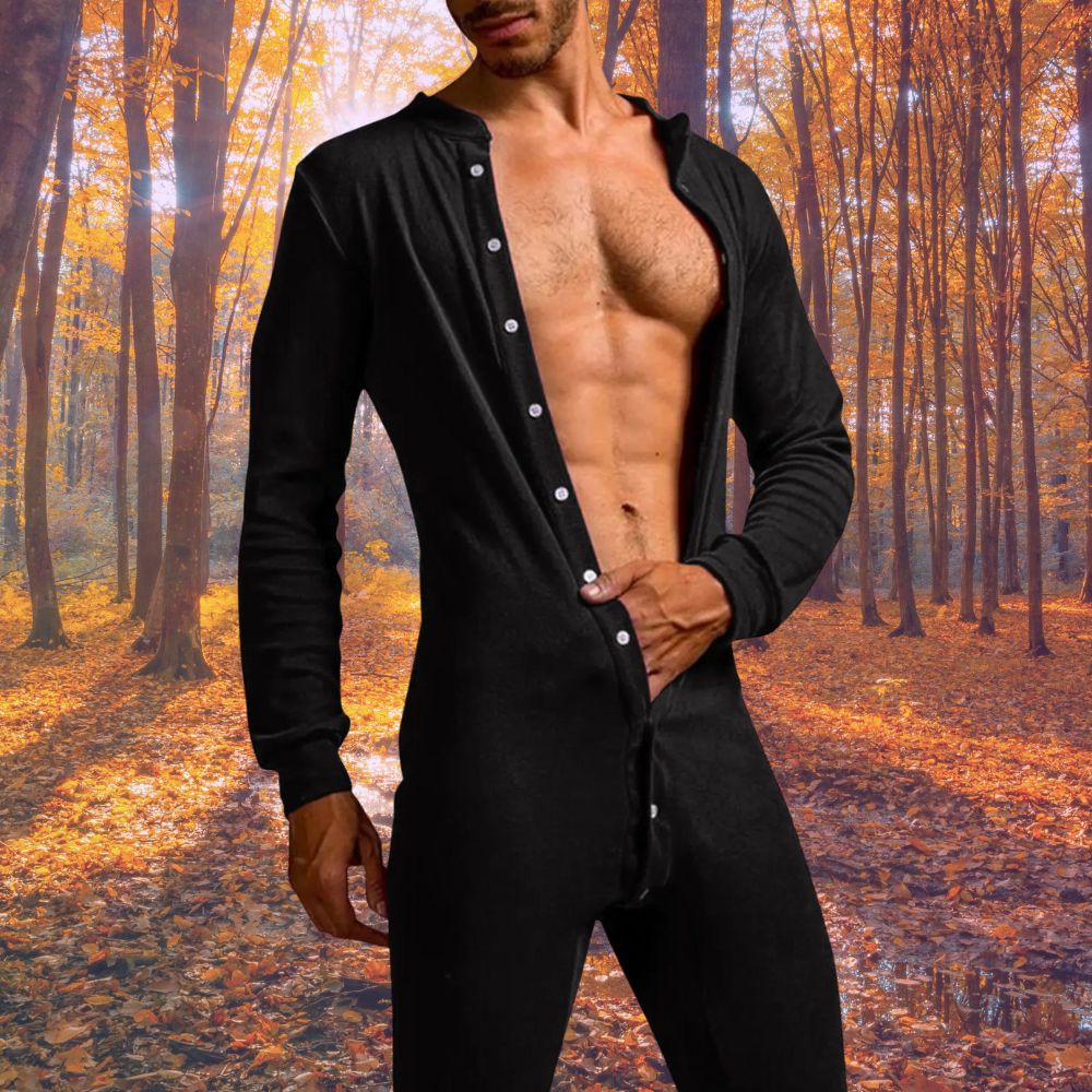 A person models the Lumberjack Chic Pajama Jumpsuit