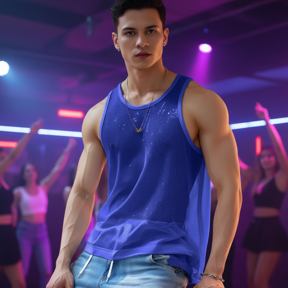 Model wearing a sheer blue mesh tank top at a neon-lit dance party