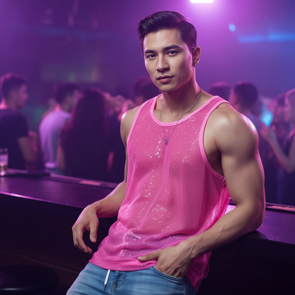 Person wearing a pink sparkly mesh tank top in a purple-lit nightclub