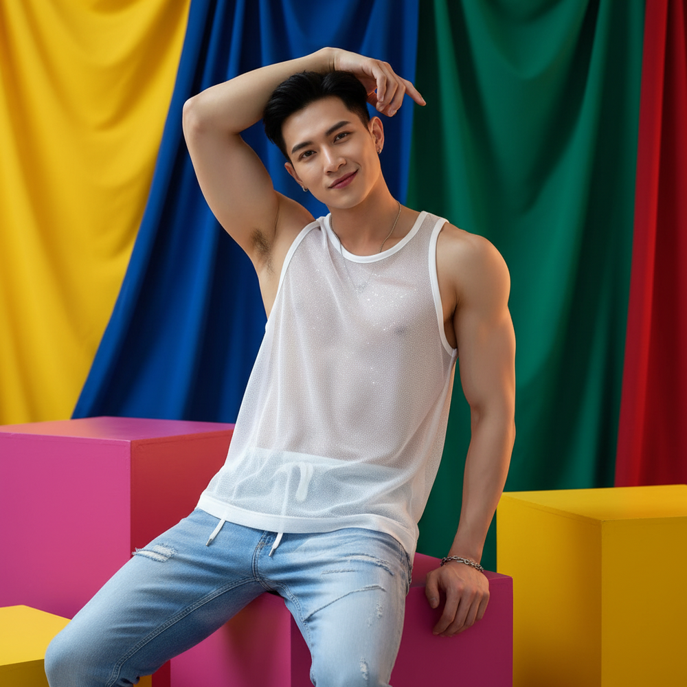 Model wearing a sheer white mesh tank top with light blue jeans, seated among colorful blocks
