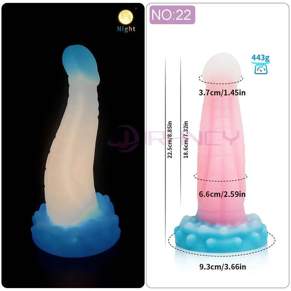 Glowing fantasy silicone dildo with blue base, shown beside a pink dimension diagram