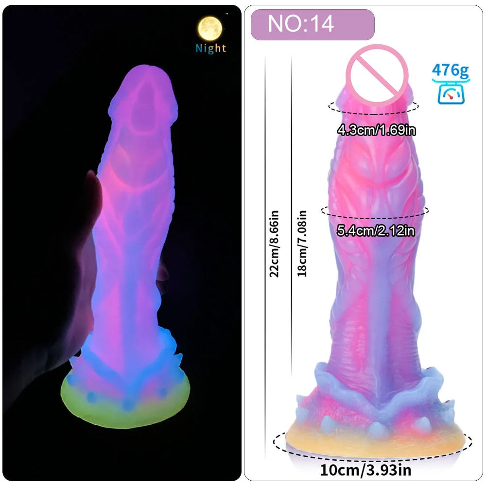 Glowing pink-and-purple fantasy dildo shown held at night beside a measurement diagram