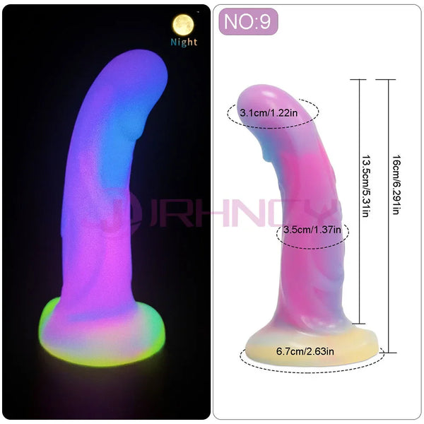 Curved glowing purple silicone dildo shown at night beside a dimension diagram
