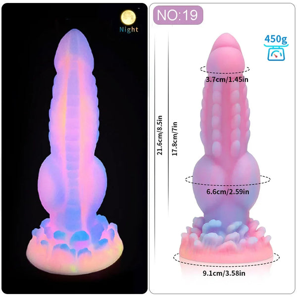 Pink-purple textured fantasy dildo shown glowing at night beside a dimension diagram