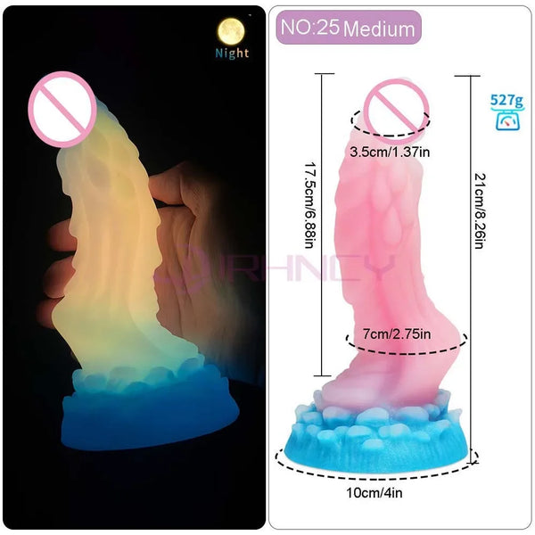 Glow-in-the-dark fantasy silicone dildo with ridged shaft and wide blue base, shown with measurements