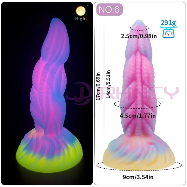 Two views of a glowing pink-and-purple textured fantasy dildo with a wide flared base