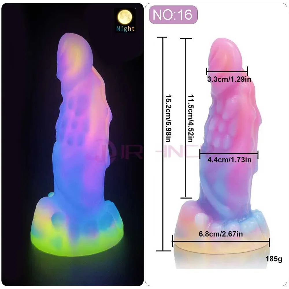 Glow-in-the-dark multicolored fantasy dildo shown upright beside its measurement diagram