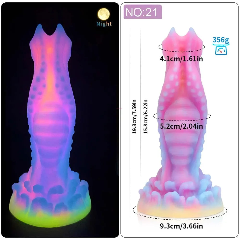 Glowing pink-purple tentacle-textured fantasy dildo shown at night beside a dimension diagram