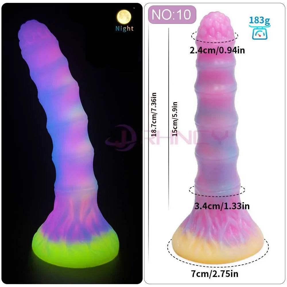 Glowing multicolor textured silicone dildo shown upright beside a size diagram