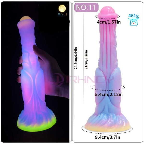 Glowing multicolor fantasy dildo shown in hand beside a labeled size diagram