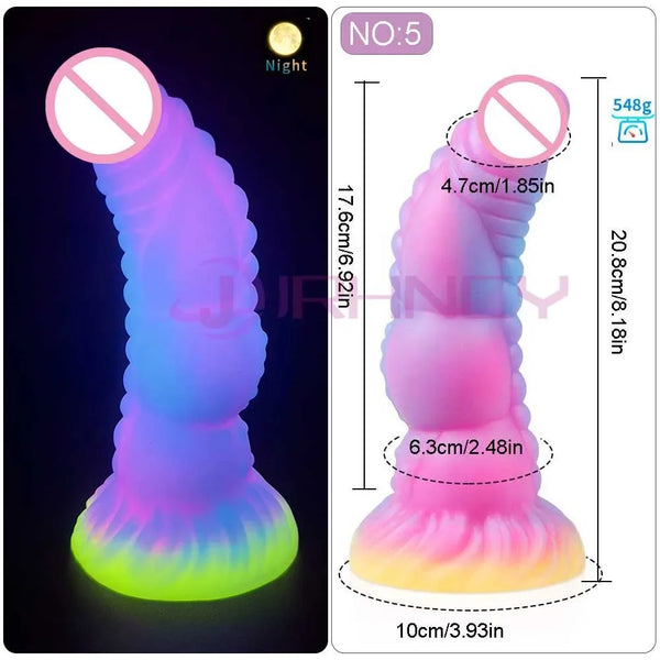 Glowing ribbed fantasy dildo shown upright beside a dimension chart