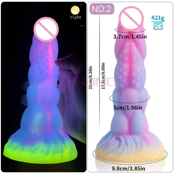 Glow-in-the-dark tentacle dildo shown upright beside a dimension diagram