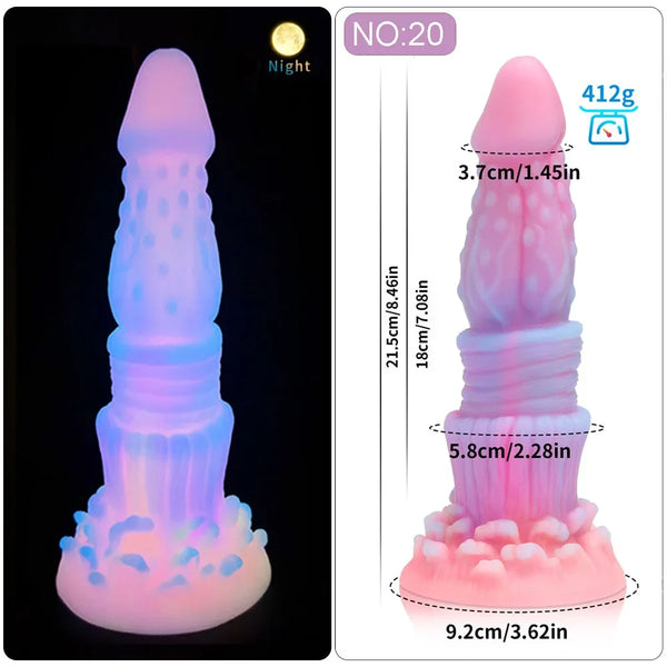 Pink-purple textured fantasy dildo shown glowing at night beside a dimension diagram